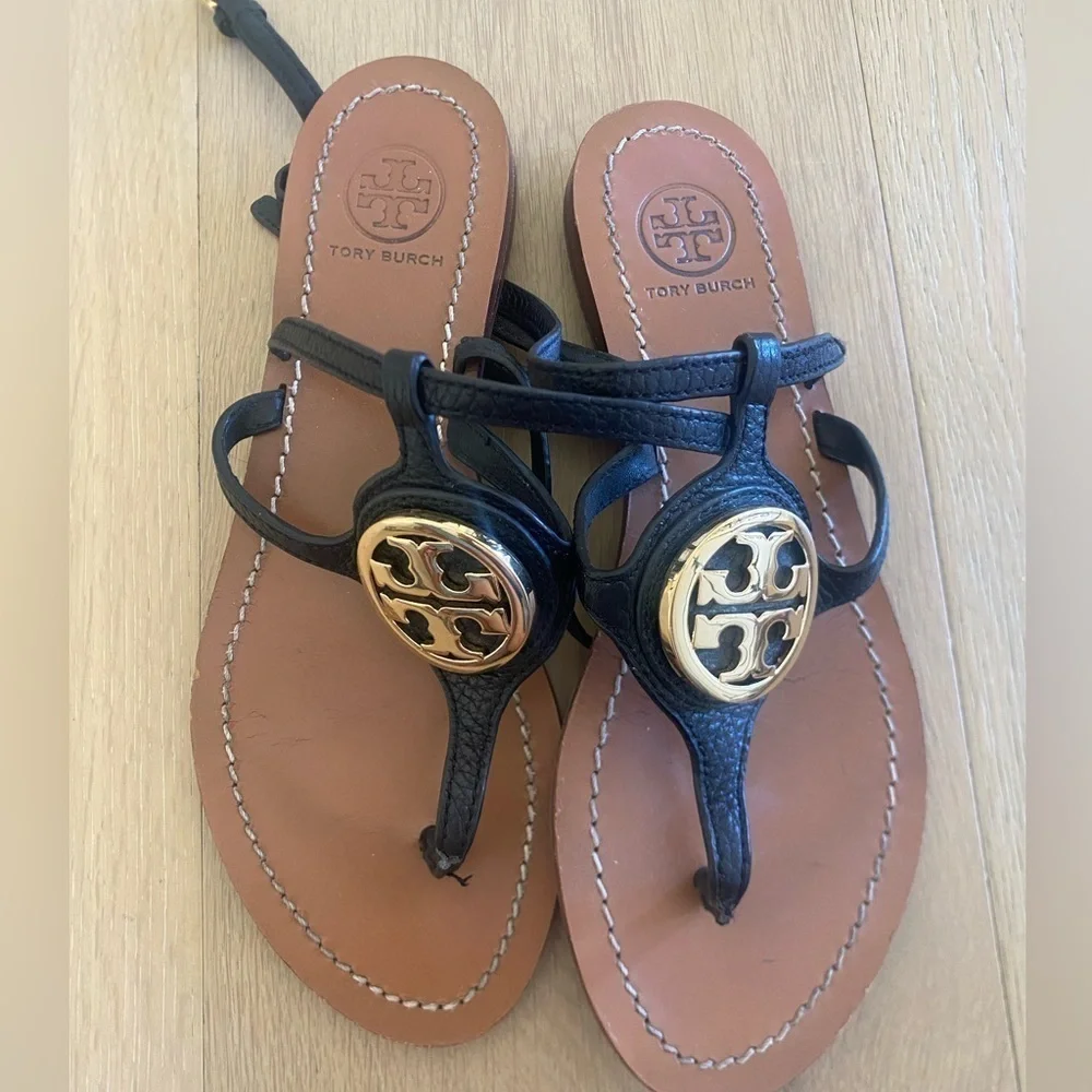 Tory burch black ankle strap (with gold logo) sandals
